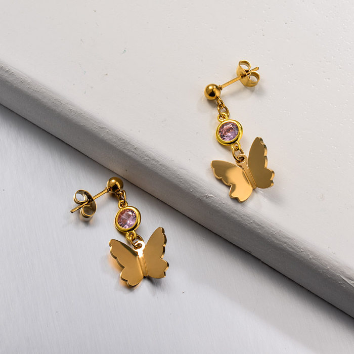 Stainless Steel CZ Butterfly Drop Earrings