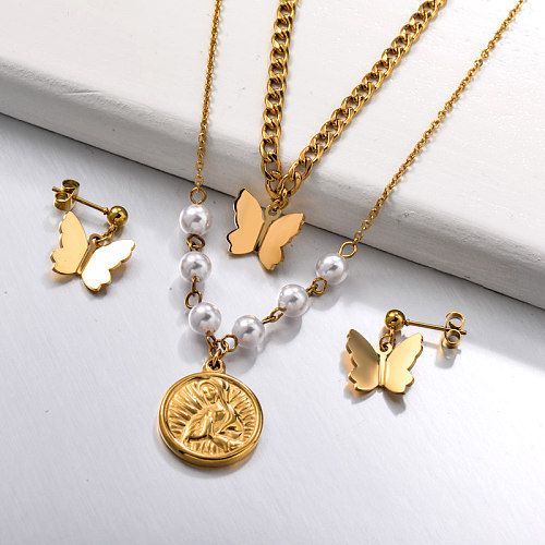 Conjuntos de joyas de monedas de mariposa de doble capa de acero inoxidable