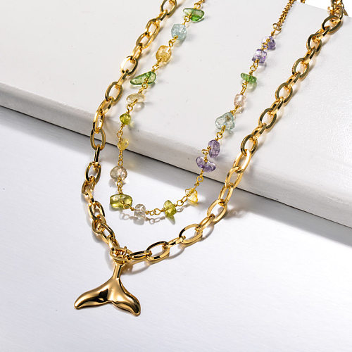 Edelstein Perlen geschichtet Edelstahl Meerjungfrau Fischschwanz Halskette