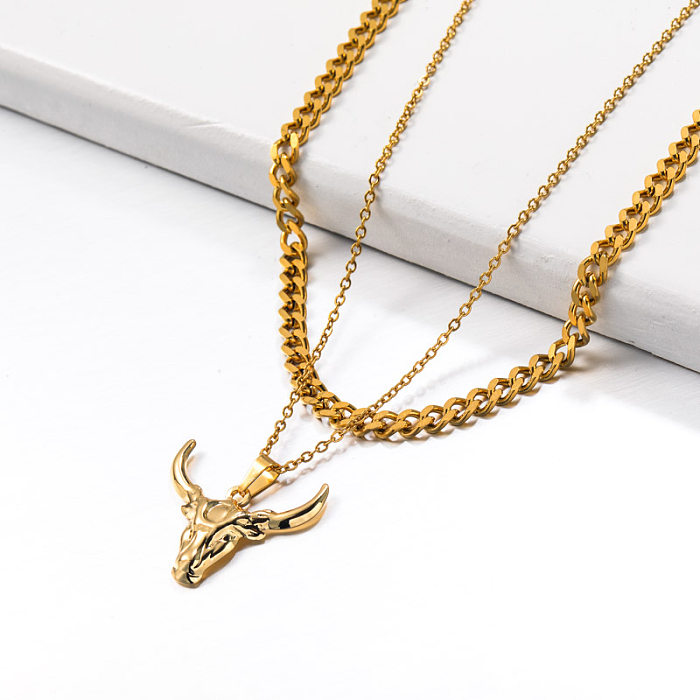 Stainless Steel Double layered Bull Calf Pendant Necklace