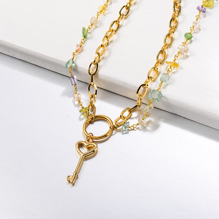 Gemstone Beaded Stainless Steel Key Necklace