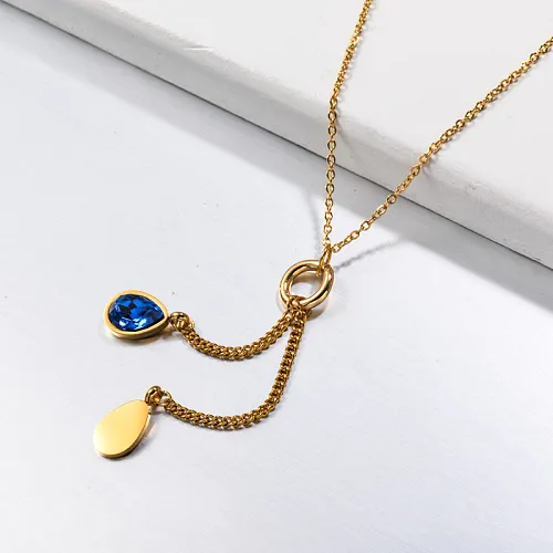 Stainless Steel Blue Crystal Tassel Necklace