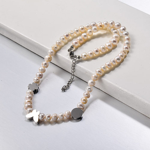 Fresh Water Pearl with Steel Charm Beaded Necklace