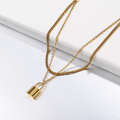 Stainless Steel Double Layered Lock Pendant Necklace