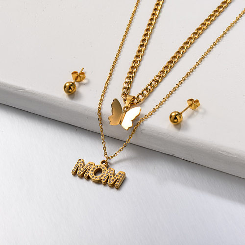 مجموعات مجوهرات أمي الفراشة ذات الطبقات المزدوجة من الفولاذ المقاوم للصدأ