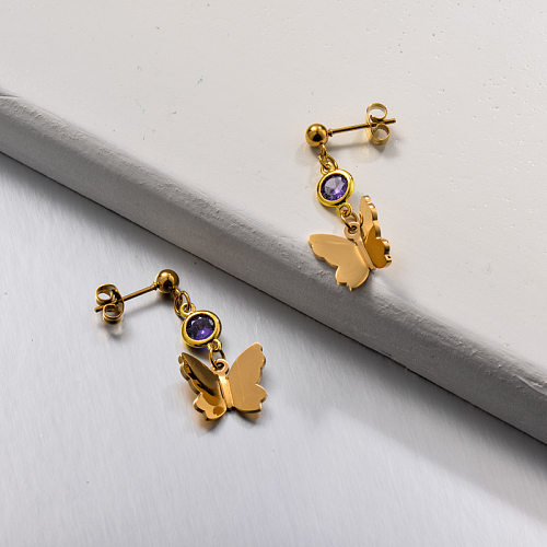 Stainless Steel CZ Butterfly Drop Earrings