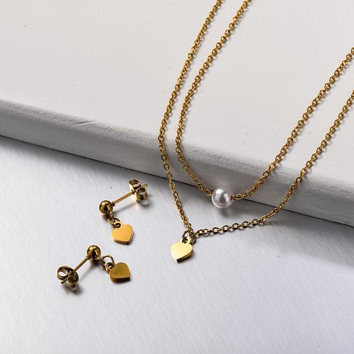 Conjuntos de joyas de collar de doble capa de corazón de acero inoxidable