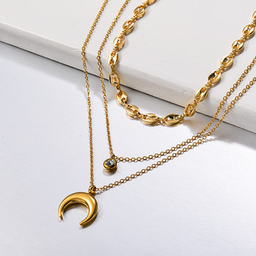 Stainless Steel Multi Layered Moon Pendant Necklace