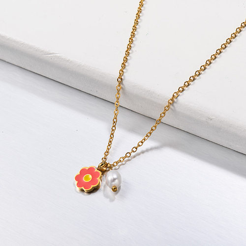 Collier de perles en acier inoxydable avec fleur rose