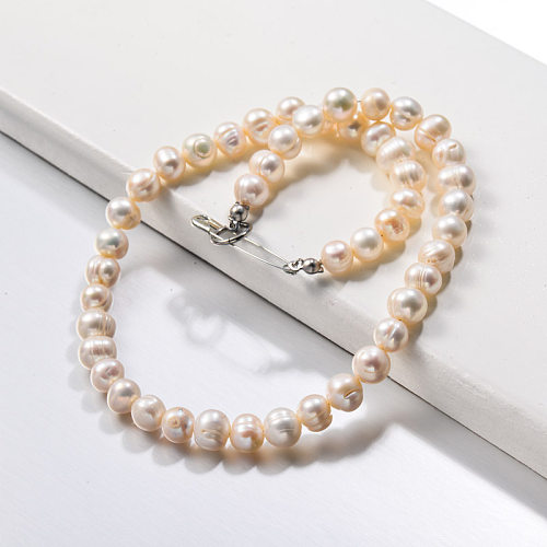 Fresh Water Pearl with Steel Pin Charm Beaded Necklace