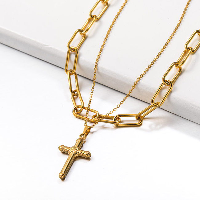 Collier à pendentif croix double en acier inoxydable