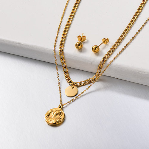 Stainless Steel Coin Double Layered Necklace Jewelry Sets