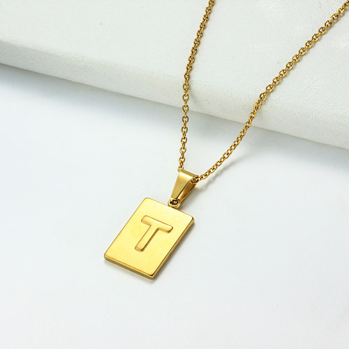 Collar con letra inicial rectangular personalizado chapado en oro de 18 k SSNEG143-32455