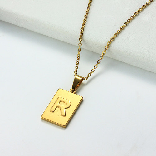 Collar con letra inicial rectangular personalizado chapado en oro de 18 k SSNEG143-32453