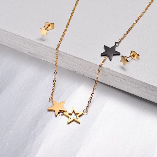 Conjuntos de Pendientes Collar Estrella Bañado en Oro 18k -SSNEG143-9370