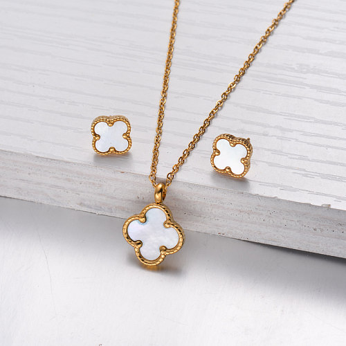 18k Gold Plated Clover Mother Pearl Necklace Earrings Jewelry Sets -SSCSG143-32470