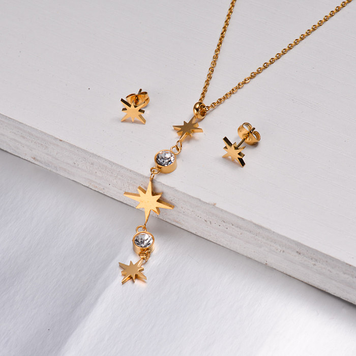 Conjuntos de Pendientes Collar Estrella Chapados en Oro 18k -SSCSG143-32619