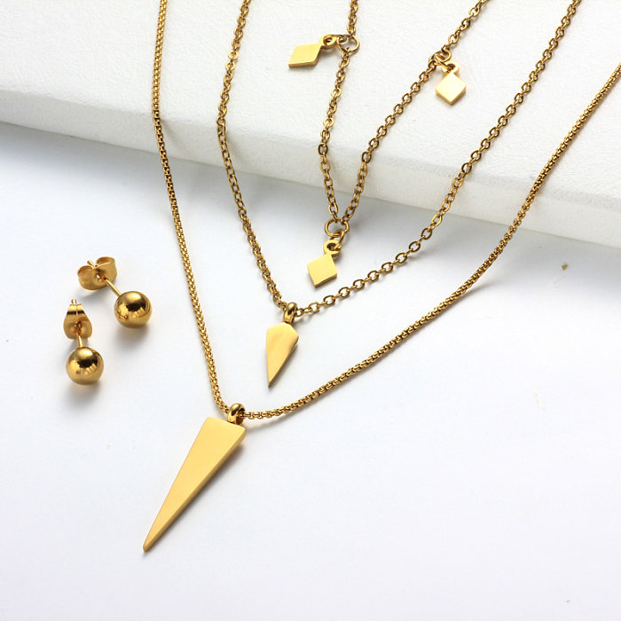 18K Gold Plated Triangle Cone Multi Layered Necklace -SSCSG142-32002