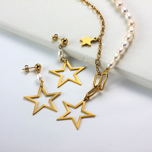 Stainless Steel Pearl Star Pendant Necklace Sets -SSCSG142-31992