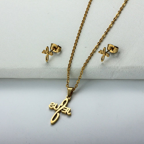 Conjuntos de joias com cruz folheada a ouro 18k de aço inoxidável -SSCSG143-32355