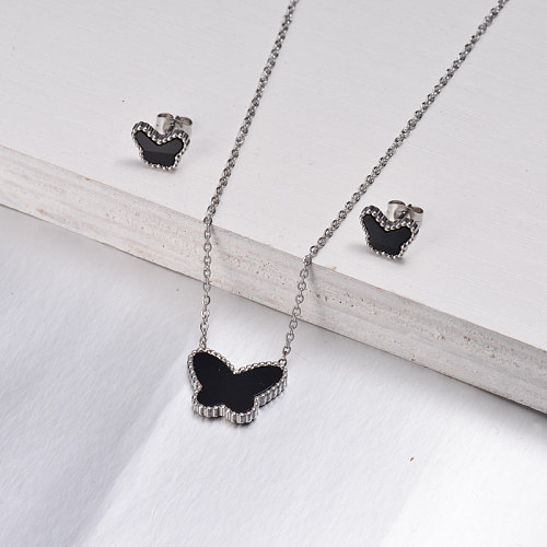 Ensembles de bijoux de papillon d'onyx noir d'acier inoxydable -SSCSG143-9377