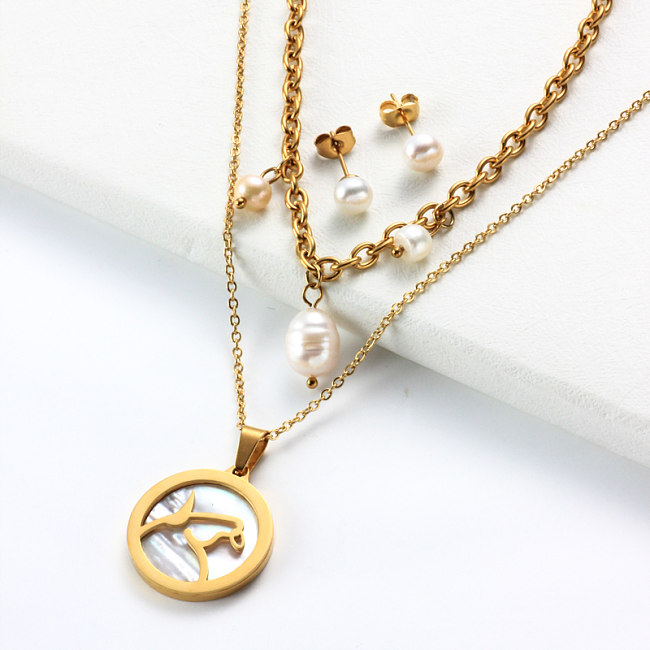 18k Gold Plated Zodiac Mother pearl Pendant Multi Layered Necklace Sets -SSCSG142-31960