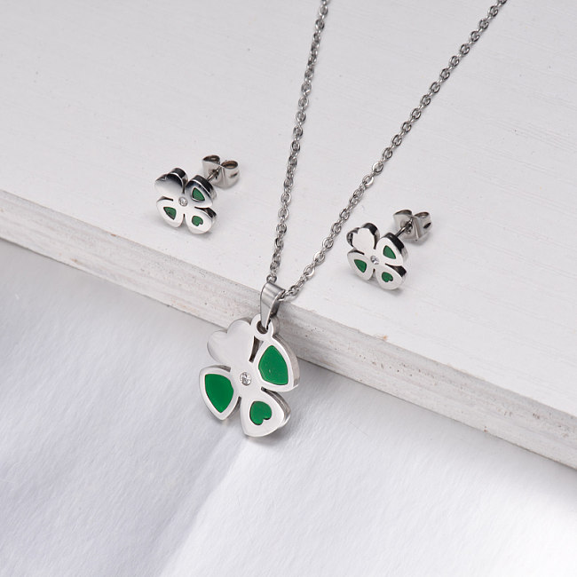 Stainless Steel Green Flower Jewelry Sets -SSCSG143-13039