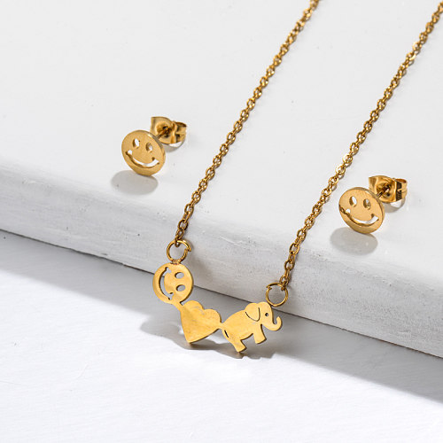 Stainless Steel Heart Elephant Smile Jewelry Sets -SSCSG143-32372