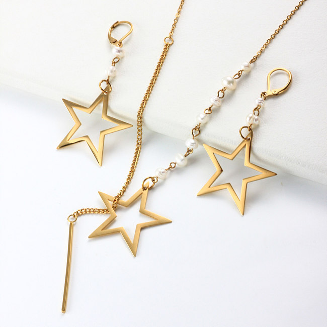 Stainless Steel Pearl Star Pendant Necklace Sets -SSCSG142-31988