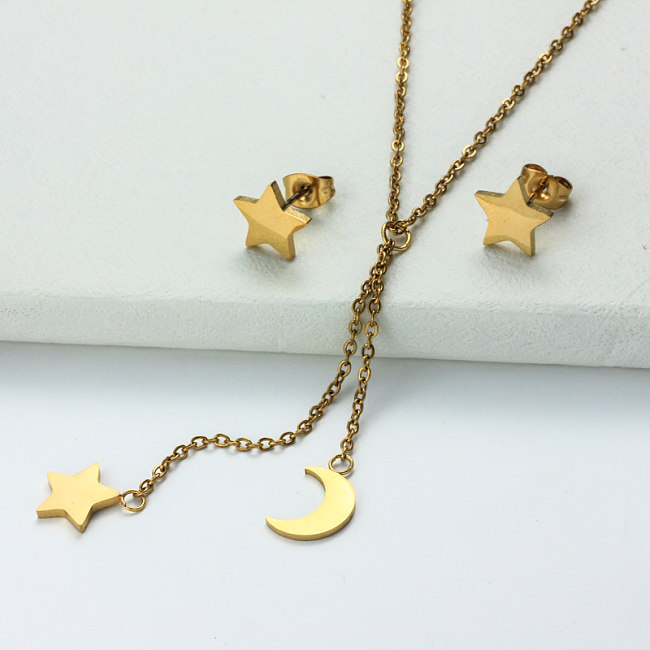 Stainless Steel 18k Gold Plated Moon and Star Jewelry Sets -SSCSG143-32357