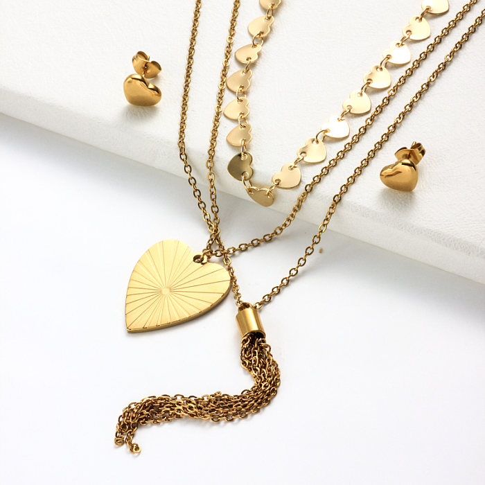 18K Gold Plated Heart Tassel Multi Layered Necklace sETS-SSCSG142-32000