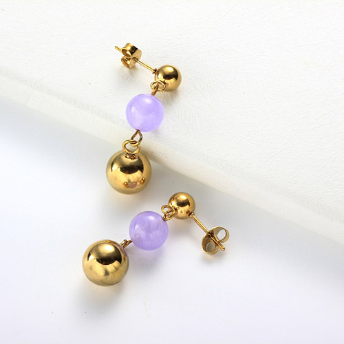 Boucles d'oreilles pendantes boule violette en acier inoxydable -SSEGG142-32097