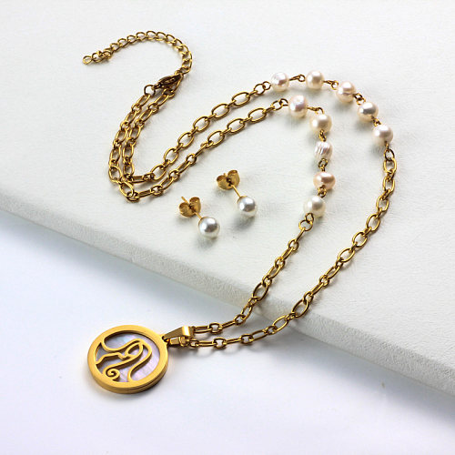 Conjuntos de collar con colgante de madreperla del zodiaco chapado en oro de 18k -SSCSG142-31968