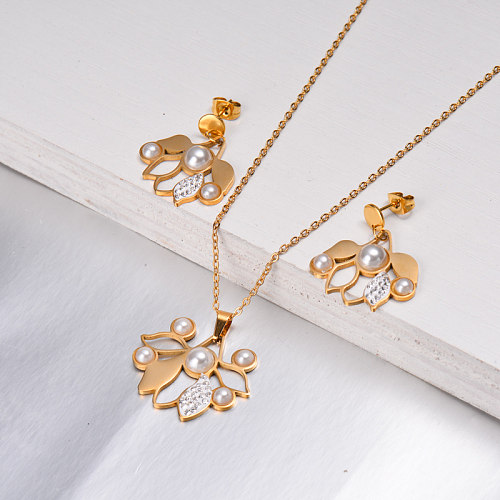 18K Gold Plated Pearl Leaf Jewelry Sets -SSCSG142-32622