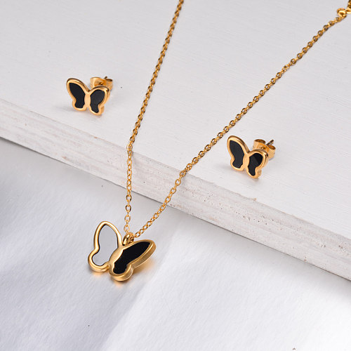 18k Gold Plated Black Onyx Butterfly Jewelry Sets -SSCSG143-32632