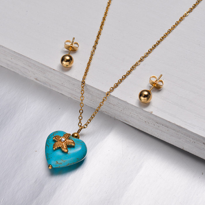 Conjuntos de joias com coração de turquesa ouro 18K -SSNEG142-9490