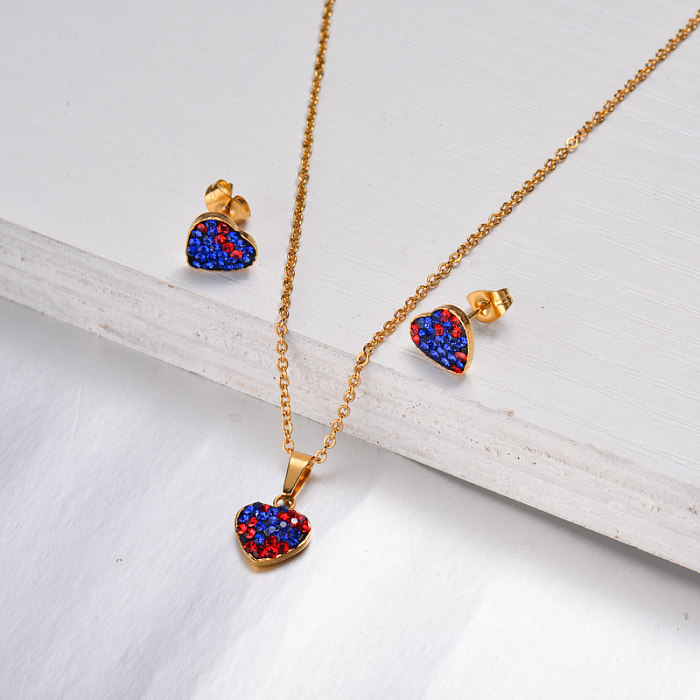 Conjuntos de joias de coração de cristal azul de aço inoxidável -SSCSG143-18288