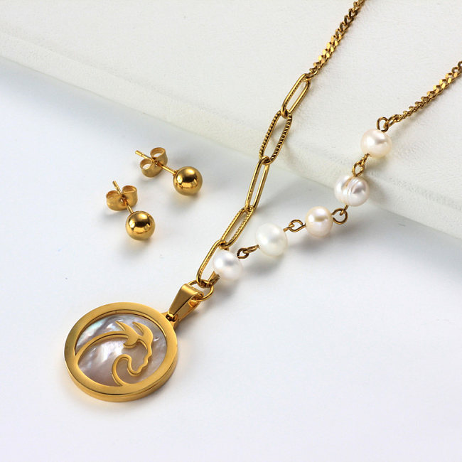 18k Gold Plated Zodiac Mother pearl Pendant Necklace Sets -SSCSG142-31969