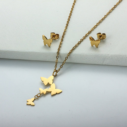 Stainless Steel 18k Gold Plated Butterfly Jewelry Sets -SSCSG143-32378