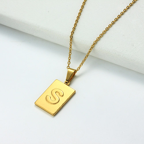 Colar com letras iniciais retangulares personalizadas banhado a ouro 18k SSNEG143-32454