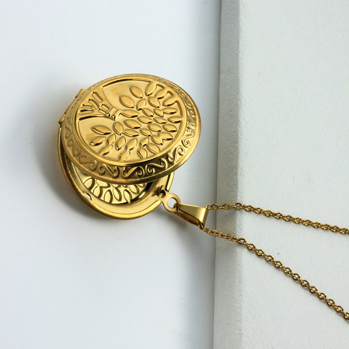 Colar pendente de medalhão banhado a ouro 18k de aço inoxidável -SSNEG143-32400