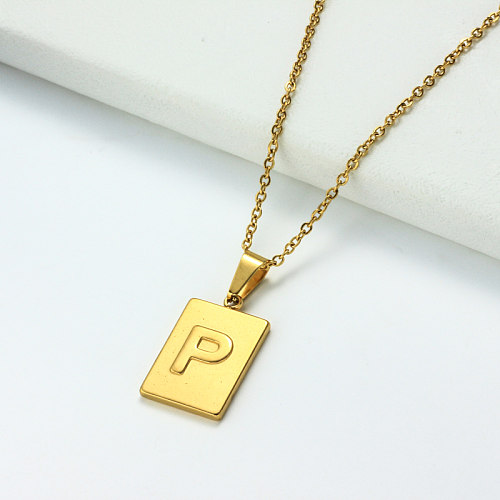 Collar con letra inicial rectangular personalizado chapado en oro de 18 k SSNEG143-32451