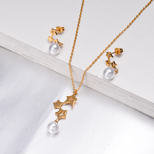 18k Gold Plated Star Pearl Jewelry Sets -SSCSG143-11091