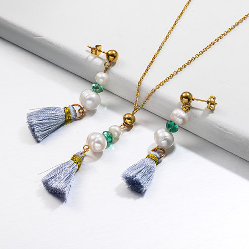 Ensembles de collier avec pendentif en perles d'acier inoxydable - SSCSG142-32130