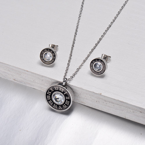 Stainless Steel Roman Numerals Zircon Jewelry Sets-SSCSG143-32608
