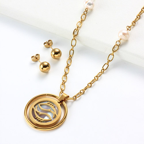 18k Gold Plated Zodiac Mother pearl Pendant Necklace Sets -SSCSG142-31965