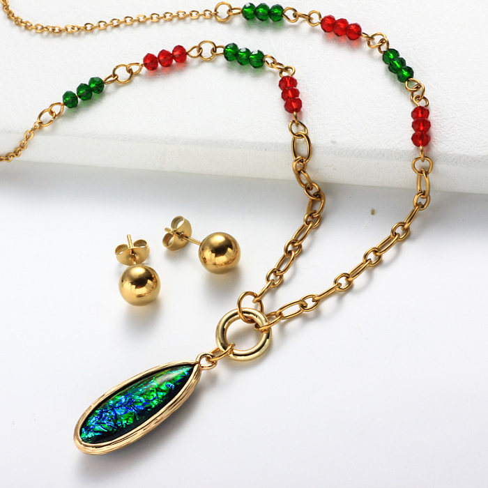 Stainless Steel 18k Gold Plated Beaded Imitation Opal Necklace Sets -SSCSG142-31997