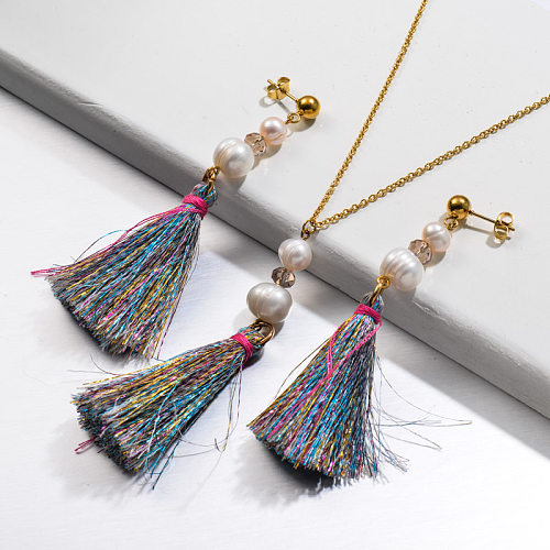 Stainless Steel Pearl Beaded Tassel Pendant Necklace Sets -SSCSG142-32129