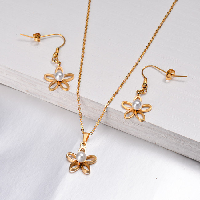 18K Gold Plated Flower Pearl Jewelry Sets -SSCSG143-12530