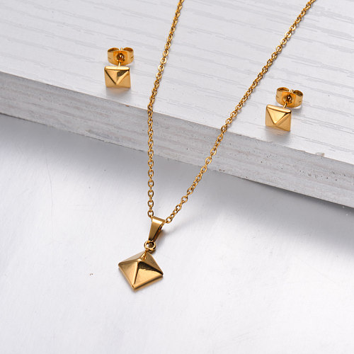 18k Gold Plated Pyramid Necklace Earrings Sets -SSCSG143-32472